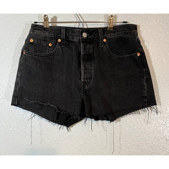 Levi's Pants - Levis 501 Womens 28 Black Cut Off Shorts Festival Denim Jean Black Distressed